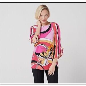 Susan Graver Printed Liquid Knit Top with Tie Sleeves-Pink 3X EUC